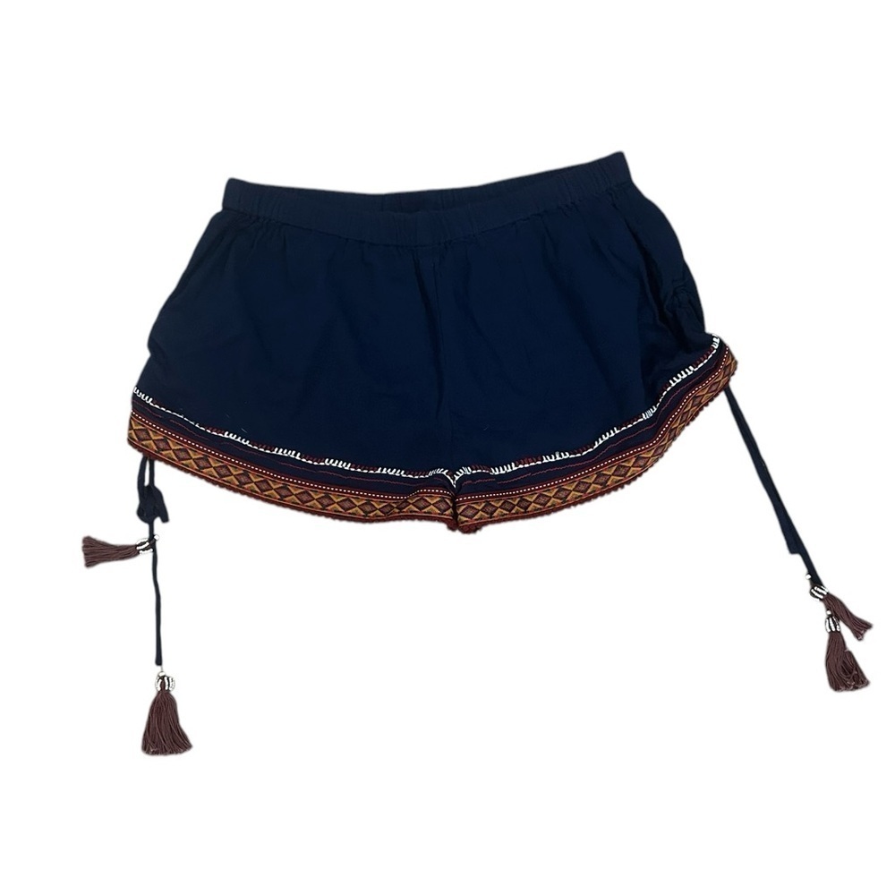 Band of Gypsies Navy Blue Drawstring Shorts Tassels Embroidery Womens Sz Large
